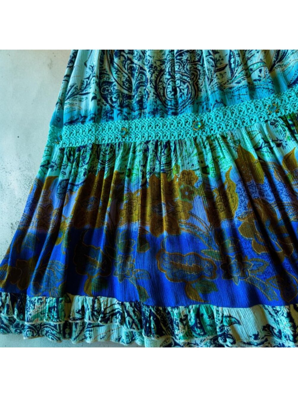 Boho Maxi Skirt Teal & Blue Size M Paisley & Floral Tiered Design Jeweled Accent - Picture 5 of 10